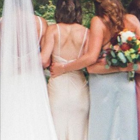 La Femme Cross Back Satin Jersey Trumpet Gown Bridesmaid dress, Nude 00 - Picture 4 of 5